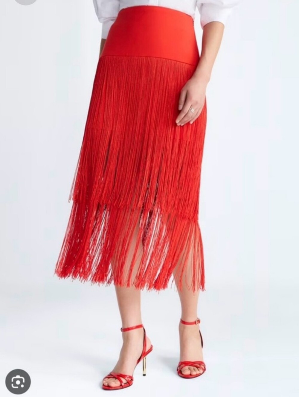 Scoop Fringe Midi Skirt in Red